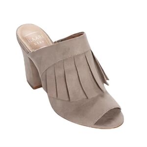 Kaari Blue Light Grey Faux Suede with Fringe Heels MuleSandals sz 6.5